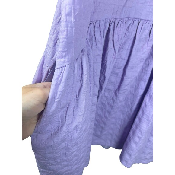 English Factory Lilac Textured Puff Sleeve Mini Dress L Tiered Back Tie Babydoll - Picture 5 of 11